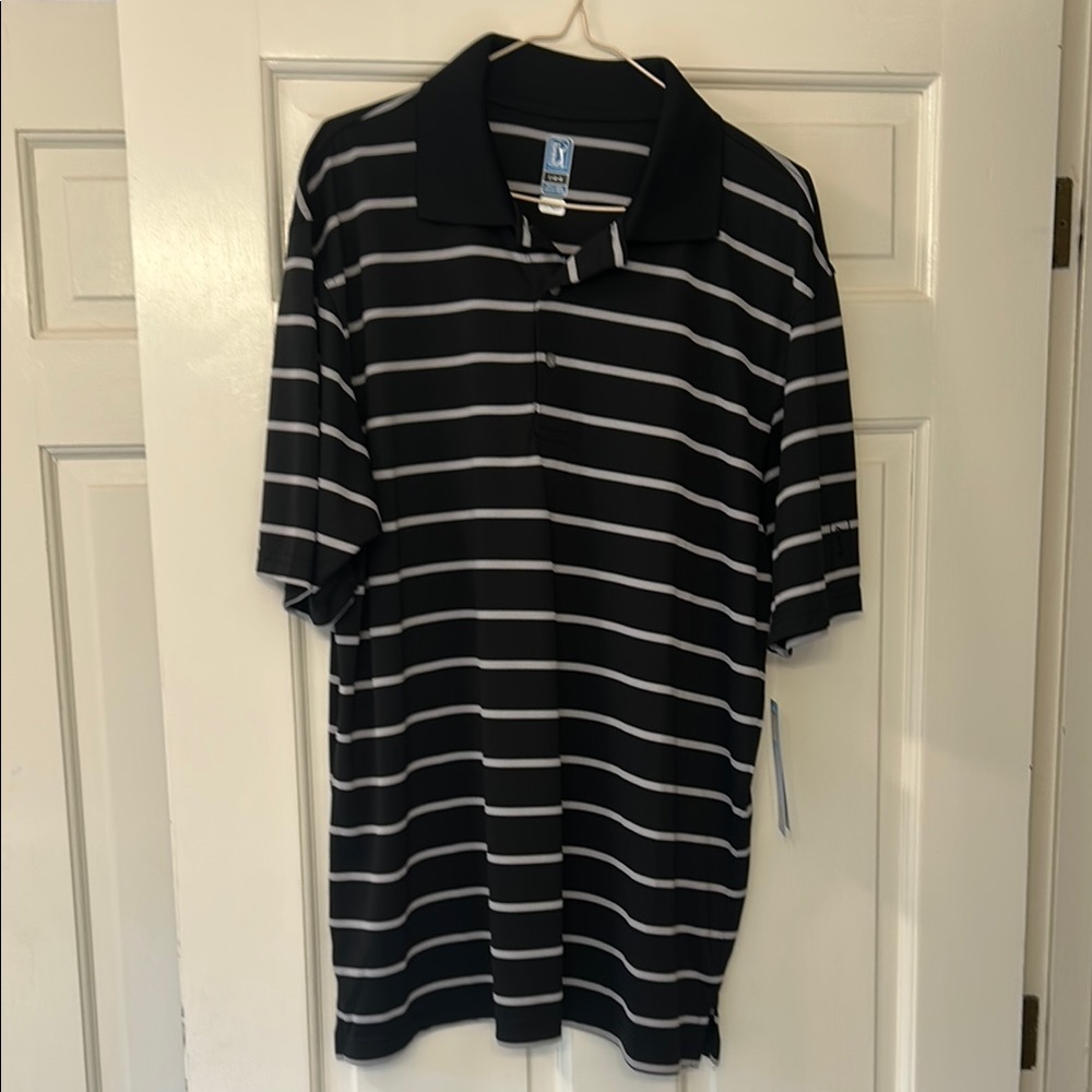 Men’s NWT PGA Tour Black and Gray striped  Polo Shirt size Large